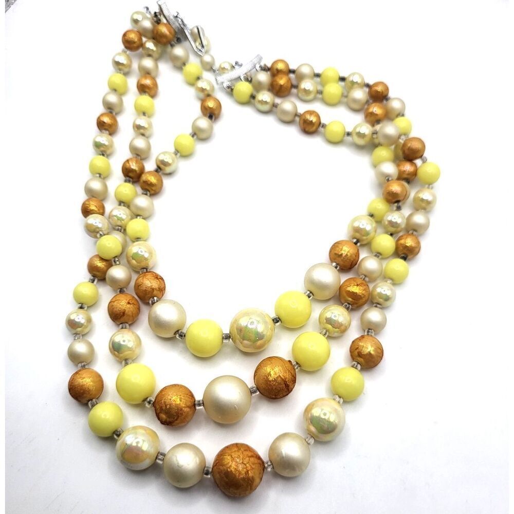 Vintage 50s Triple Strand Acrylic Pearl and Gold Beaded Necklace 17.5in